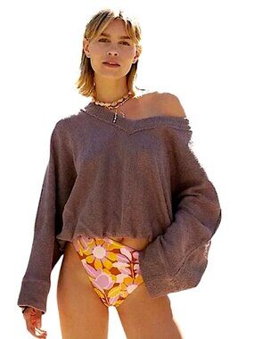 Free People FP Beach Oversized Terry Sweatshirt V-Neck Dolman Slve Size XS Brown